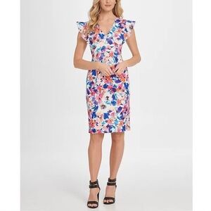 ❤️DKNY Women’s Colorful Floral Ruffle Cap Sleeve V Neck Dress